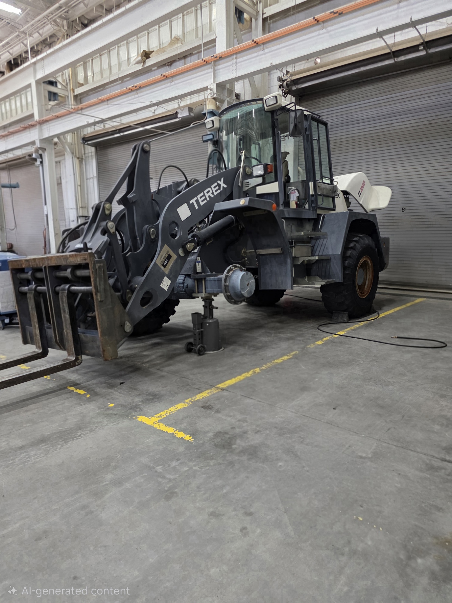 Terex wheel loader with wheel off in service